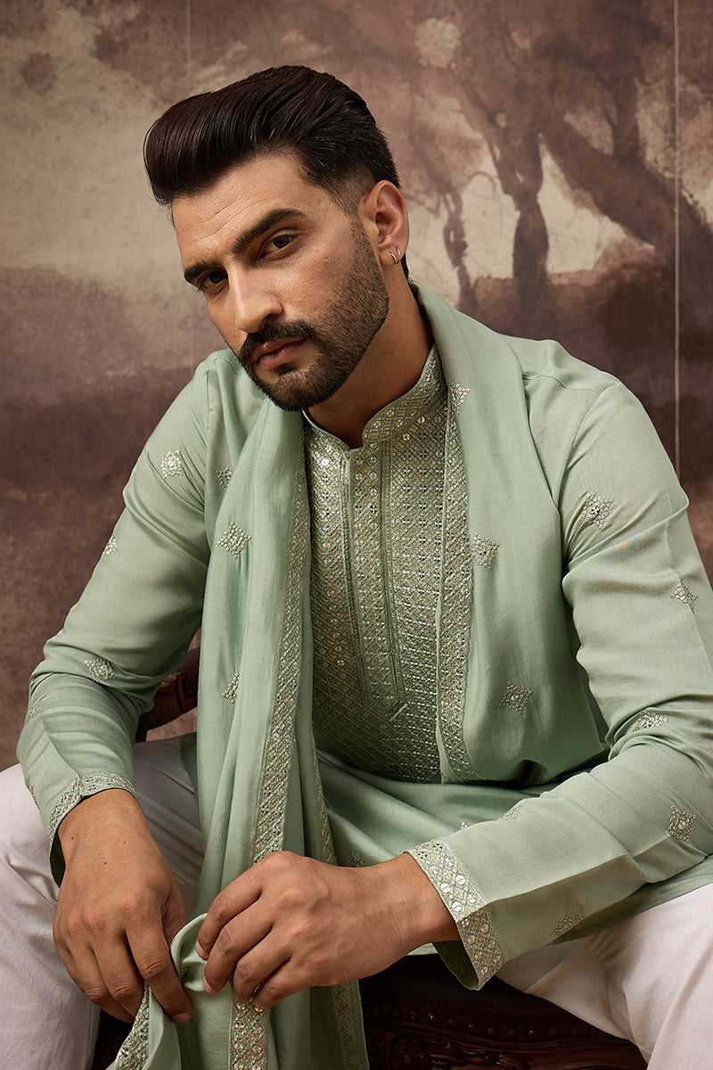 Green Silk Blend Embroidered Straight Kurta Trouser with Dupatta MKPD1004