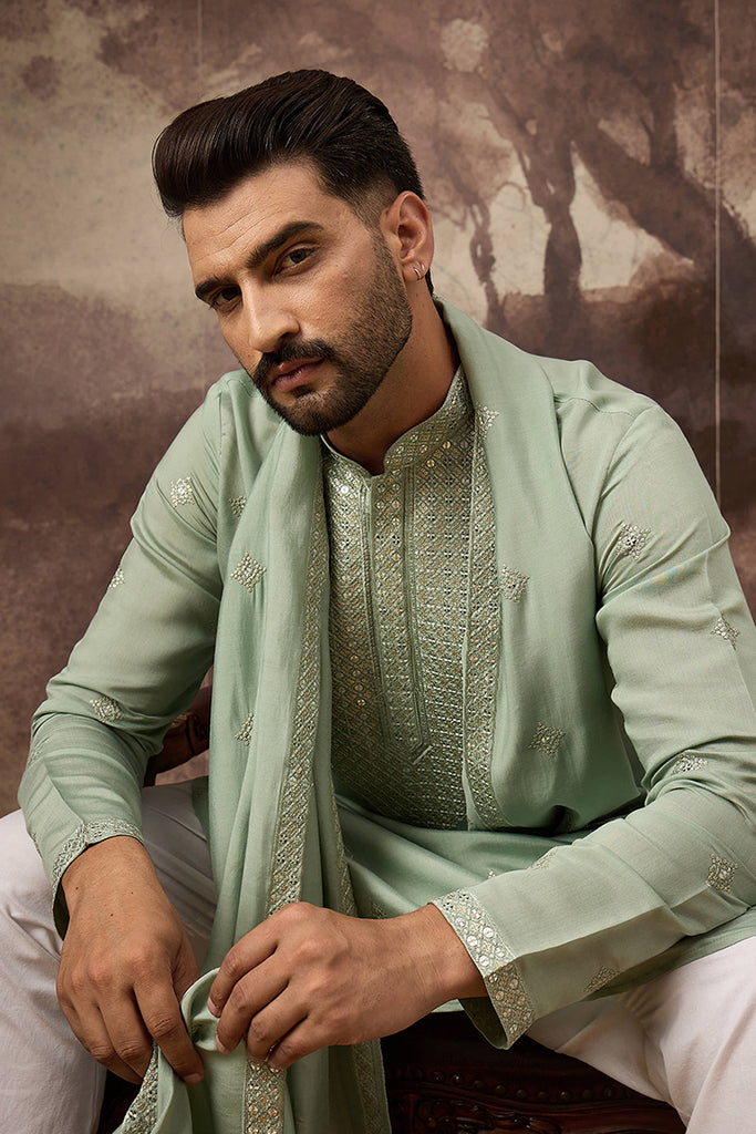 Green Silk Blend Embroidered Straight Kurta Trouser with Dupatta MKPD1004