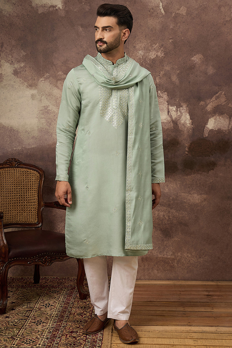 Green Silk Blend Embroidered Straight Kurta Trouser with Dupatta MKPD1004