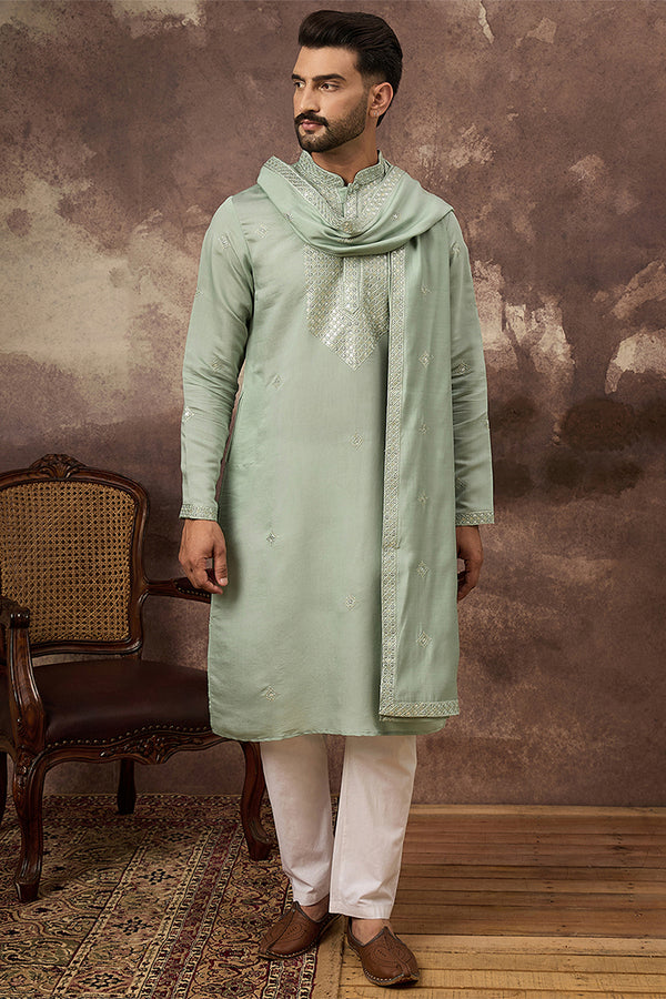 Green Silk Blend Embroidered Straight Kurta Trouser with Dupatta MKPD1004