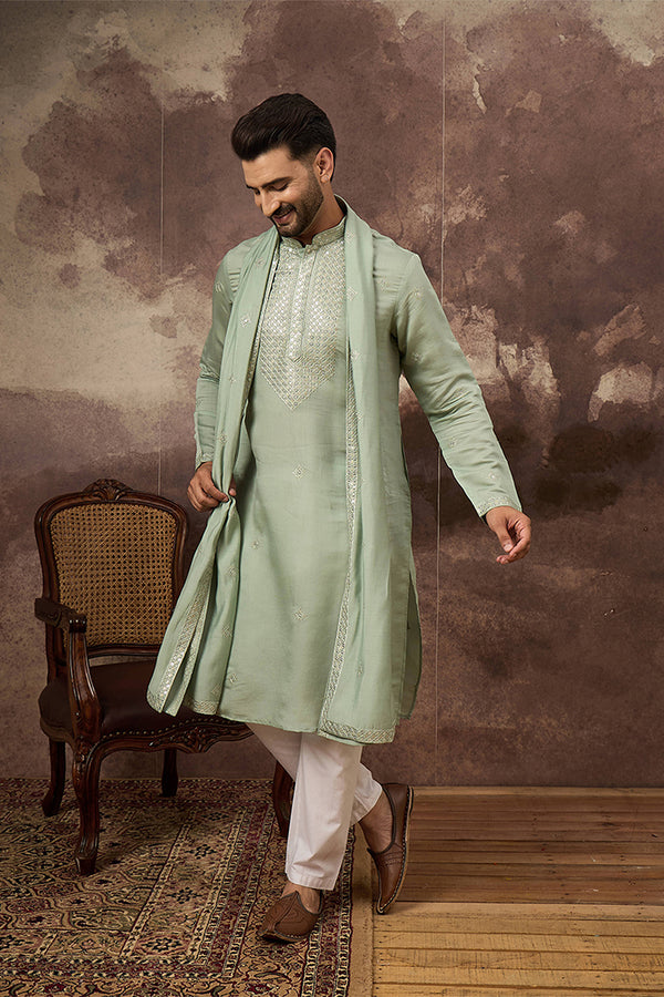 Green Silk Blend Embroidered Straight Kurta Trouser with Dupatta MKPD1004