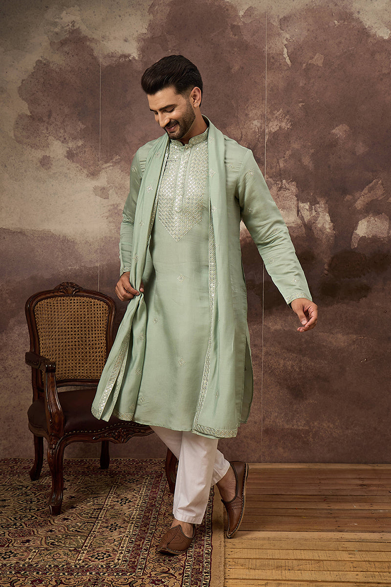 Green Silk Blend Embroidered Straight Kurta Trouser with Dupatta MKPD1004