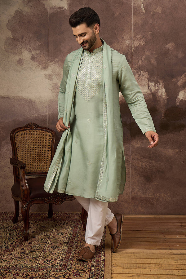 Green Silk Blend Solid Embroidered Straight Kurta with Dupatta MKUD1004