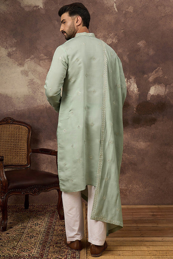 Green Silk Blend Embroidered Straight Kurta Trouser with Dupatta MKPD1004