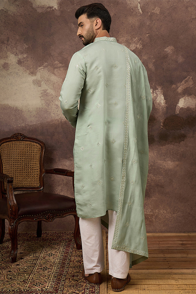 Green Silk Blend Embroidered Straight Kurta Trouser with Dupatta MKPD1004
