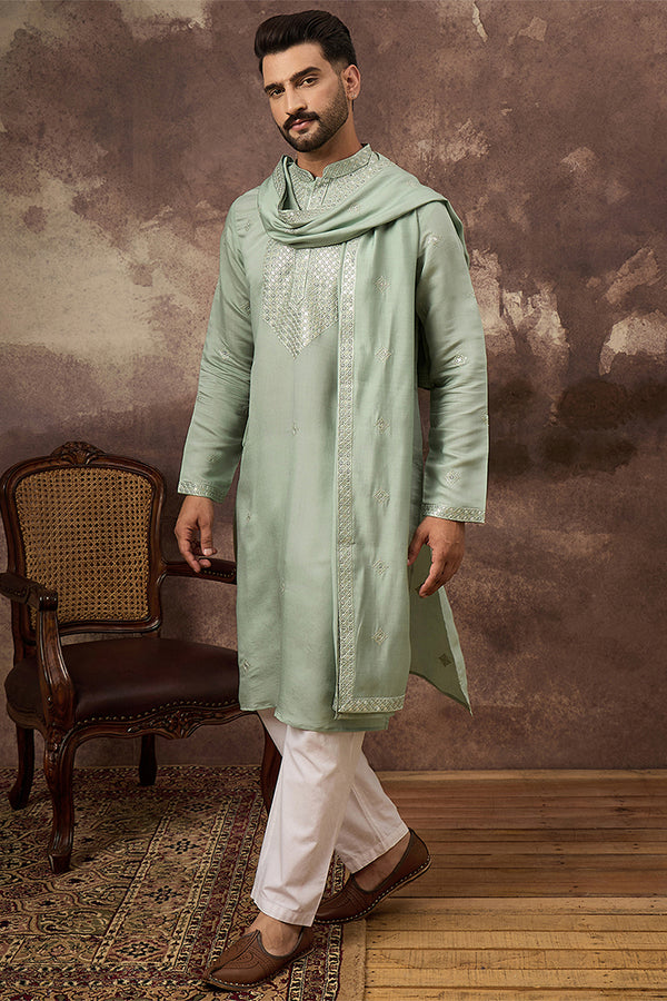 Green Silk Blend Embroidered Straight Kurta Trouser with Dupatta MKPD1004