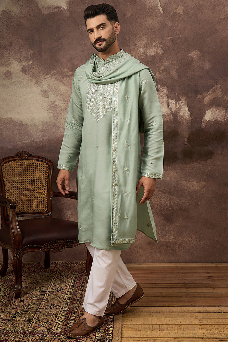 Green Silk Blend Embroidered Straight Kurta Trouser with Dupatta MKPD1004