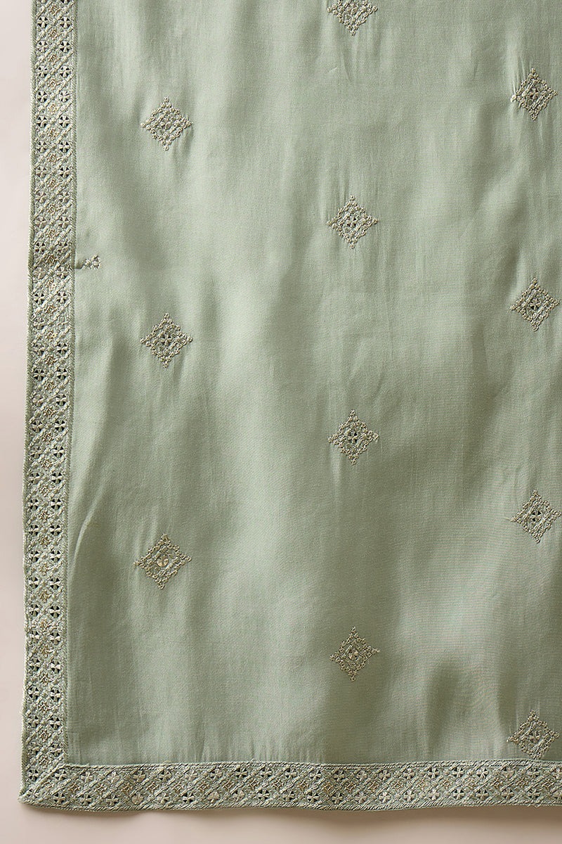 Green Silk Blend Solid Embroidered Straight Kurta with Dupatta MKUD1004