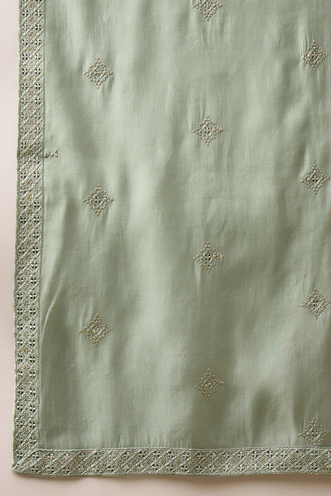Green Silk Blend Solid Embroidered Straight Kurta with Dupatta MKUD1004