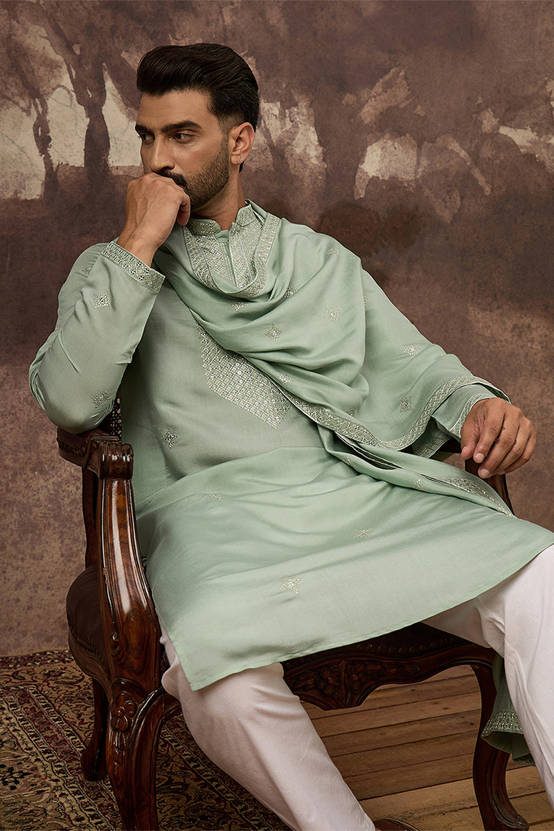 Green Silk Blend Embroidered Straight Kurta Trouser with Dupatta MKPD1004
