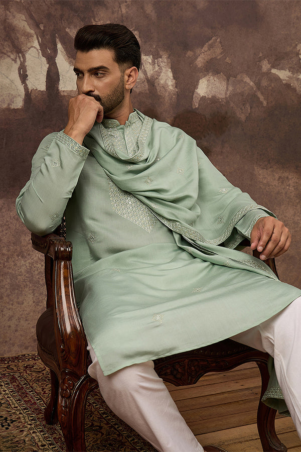 Green Silk Blend Embroidered Straight Kurta Trouser with Dupatta MKPD1004