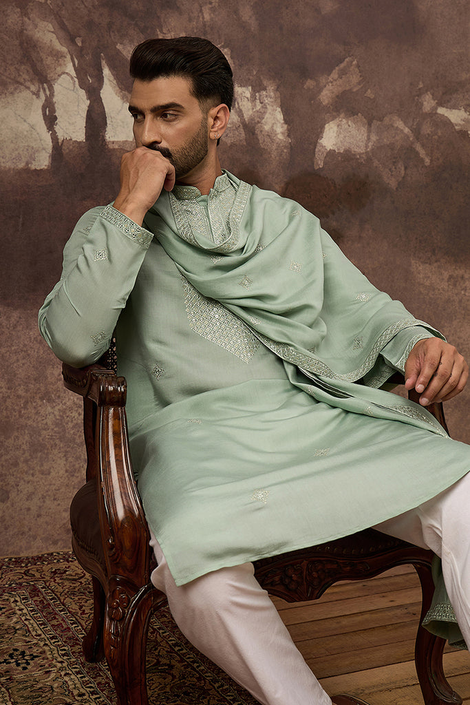 Green Silk Blend Embroidered Straight Kurta Trouser with Dupatta MKPD1004