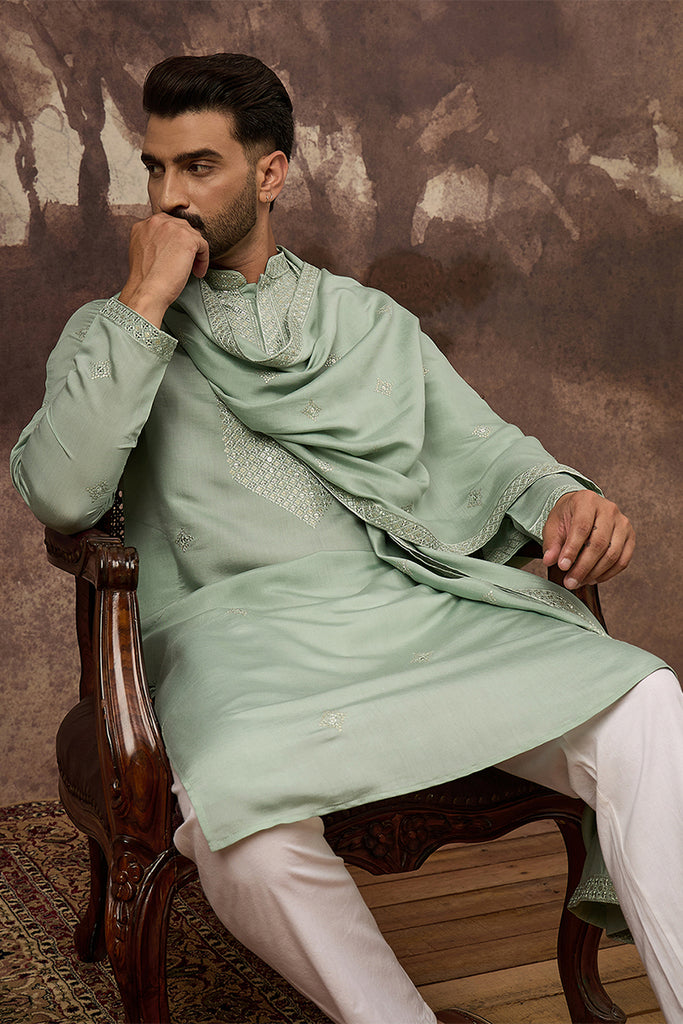 Green Silk Blend Solid Embroidered Straight Kurta with Dupatta MKUD1004