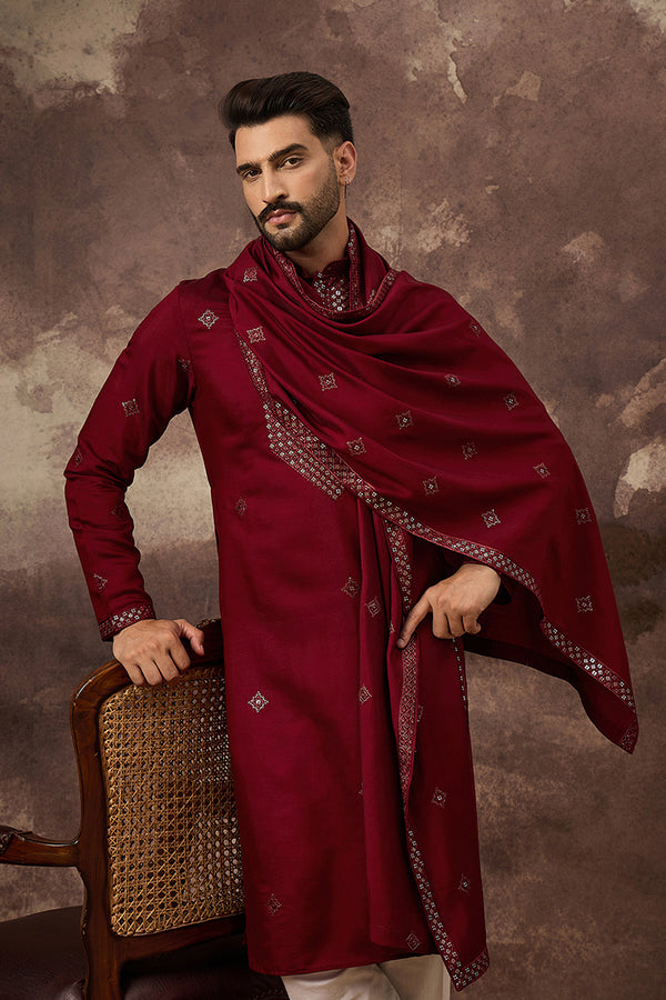 Maroon Silk Blend Embroidered Straight Kurta Trouser with Dupatta MKPD1005
