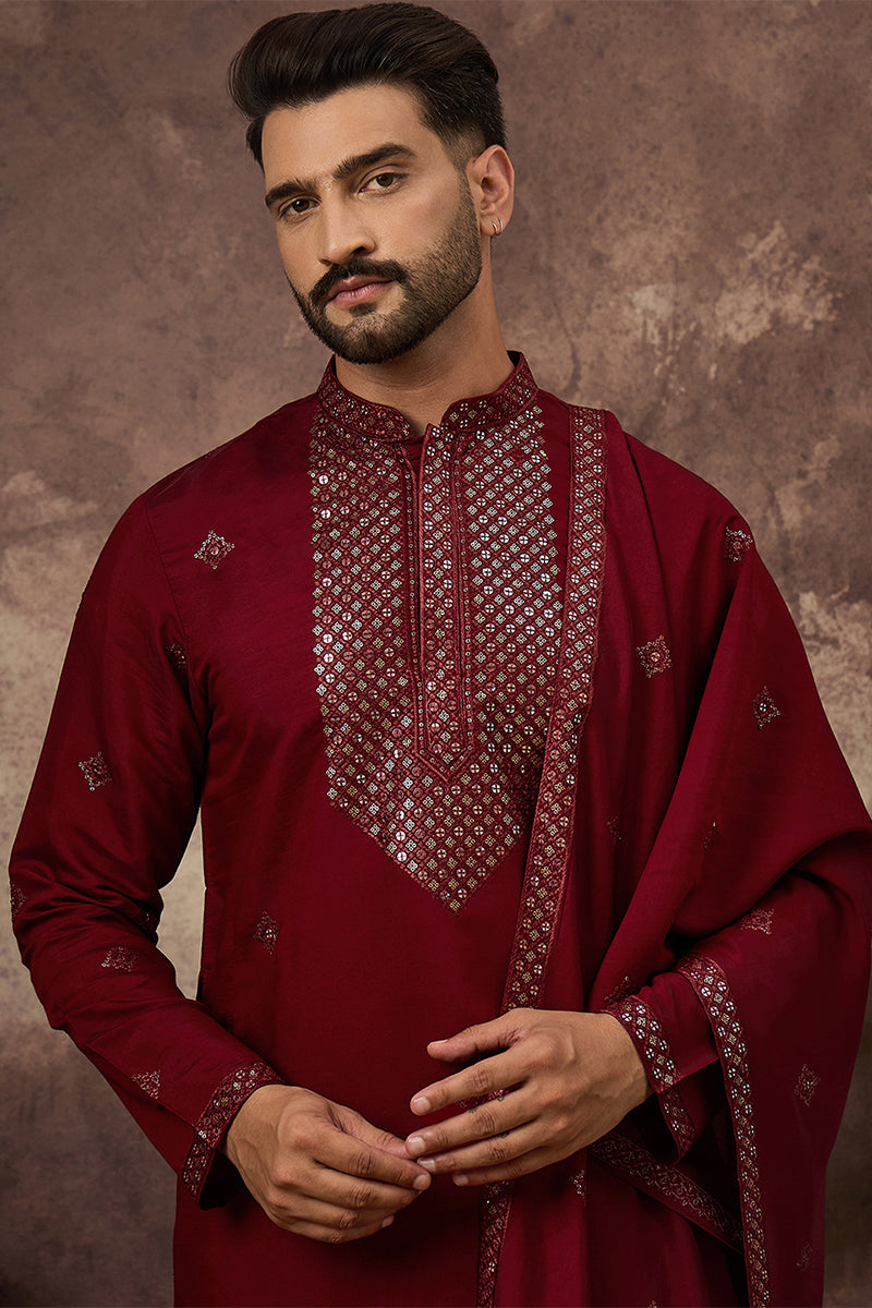 Maroon Silk Blend Solid Embroidered Straight Kurta with Dupatta MKUD1005