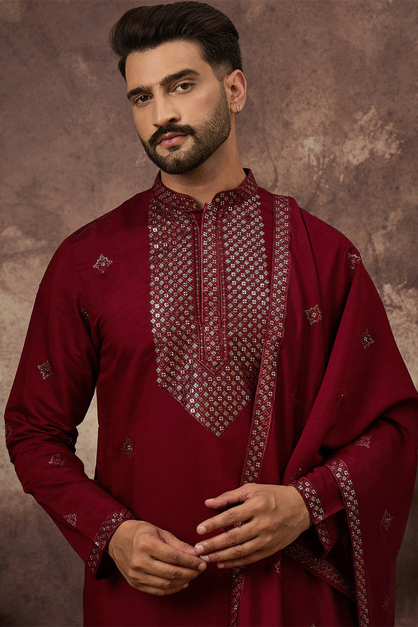 Maroon Silk Blend Solid Embroidered Straight Kurta with Dupatta MKUD1005