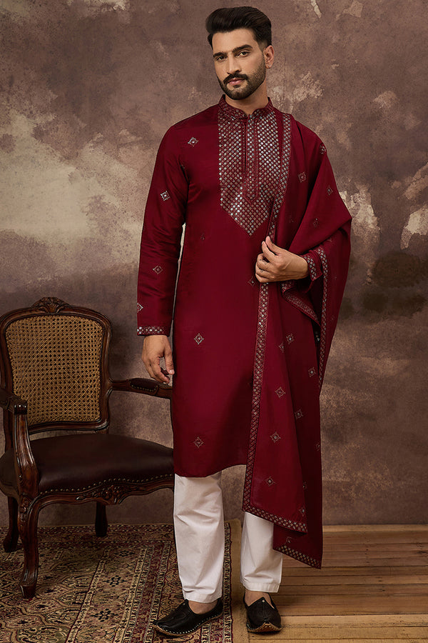 Maroon Silk Blend Embroidered Straight Kurta Trouser with Dupatta MKPD1005