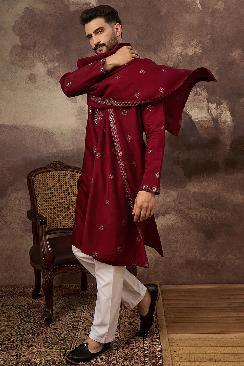 Maroon Silk Blend Embroidered Straight Kurta Trouser with Dupatta MKPD1005