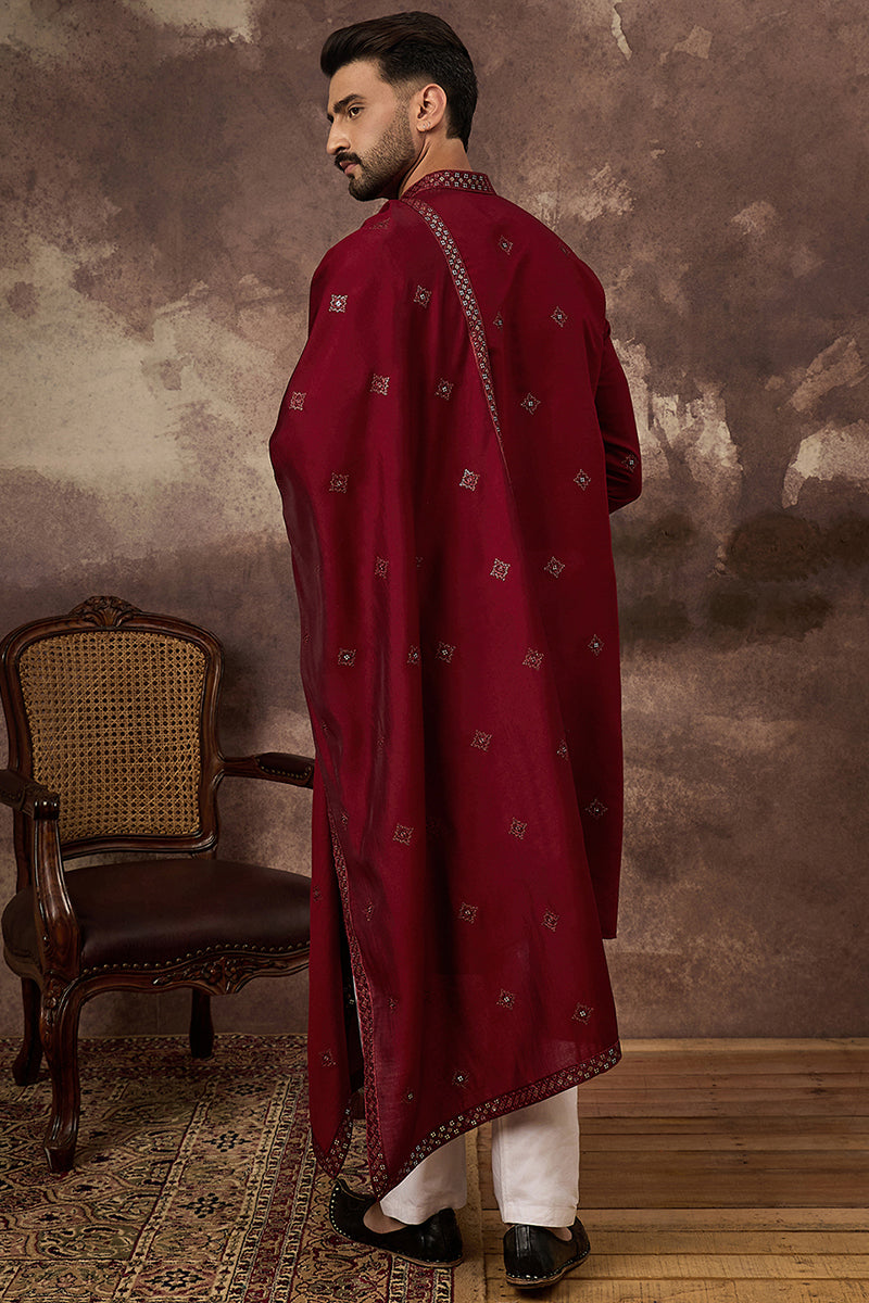 Maroon Silk Blend Embroidered Straight Kurta Trouser with Dupatta MKPD1005
