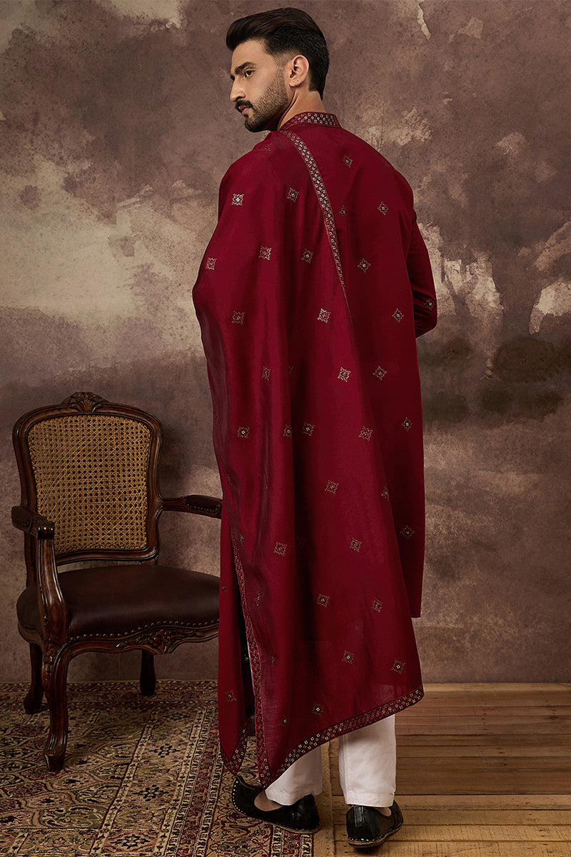 Maroon Silk Blend Solid Embroidered Straight Kurta with Dupatta MKUD1005