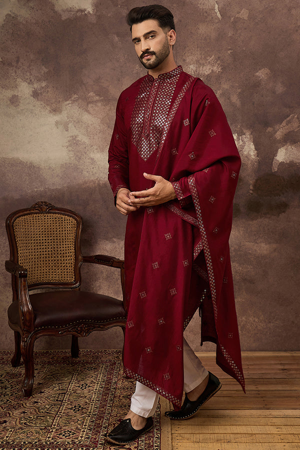 Maroon Silk Blend Embroidered Straight Kurta Trouser with Dupatta MKPD1005
