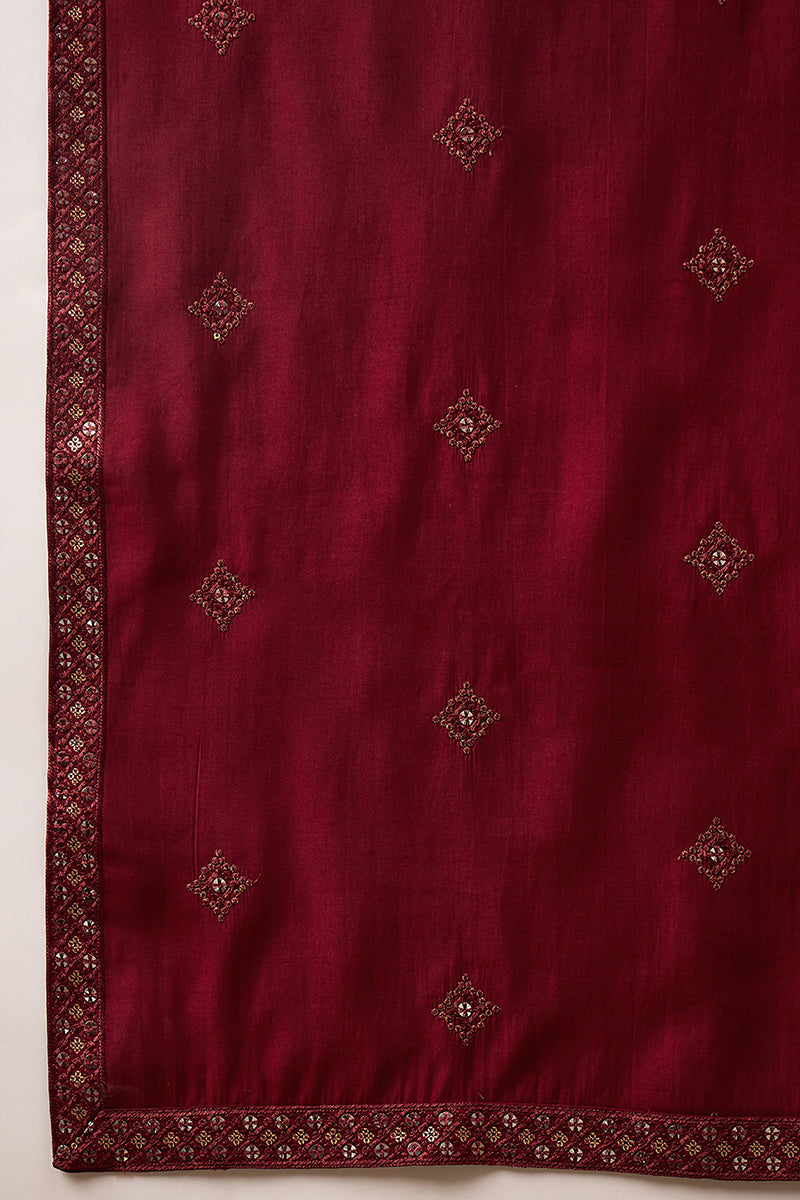 Maroon Silk Blend Solid Embroidered Straight Kurta with Dupatta MKUD1005