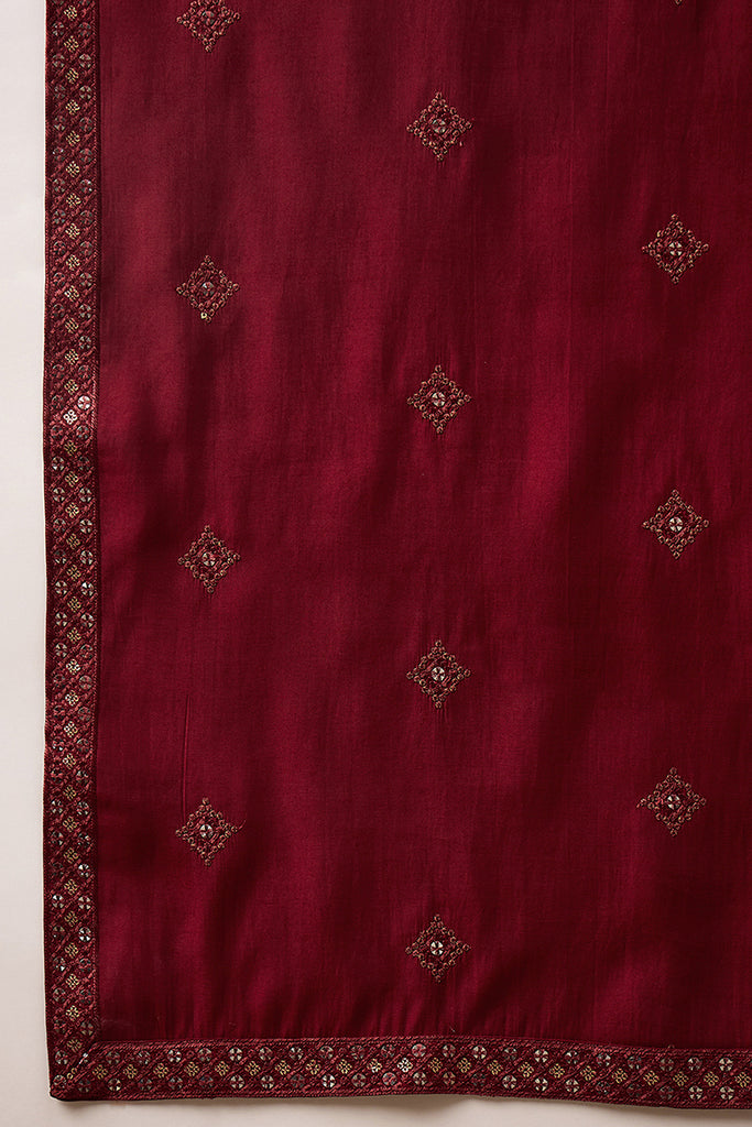 Maroon Silk Blend Solid Embroidered Straight Kurta with Dupatta MKUD1005