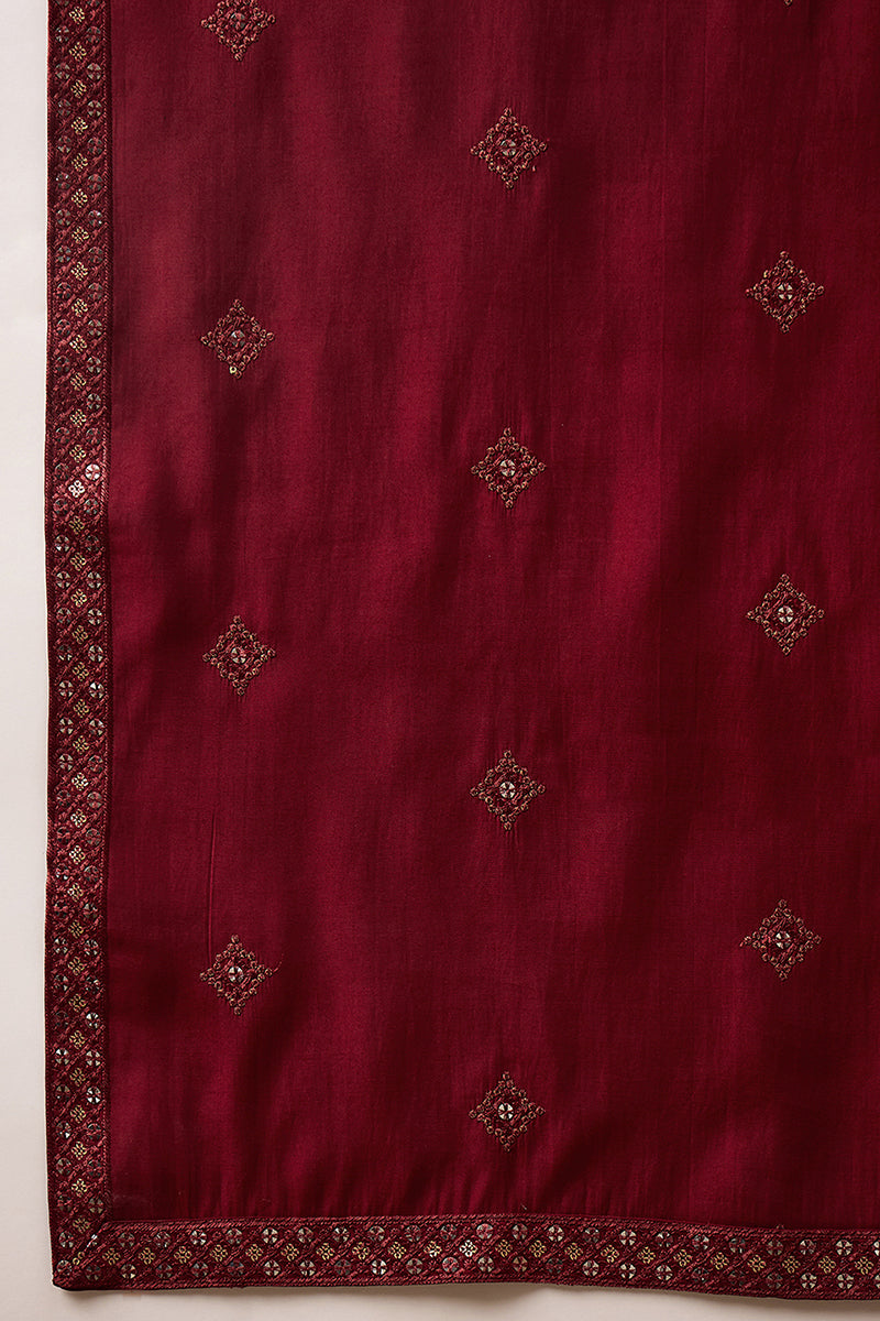 Maroon Silk Blend Embroidered Straight Kurta Trouser with Dupatta MKPD1005