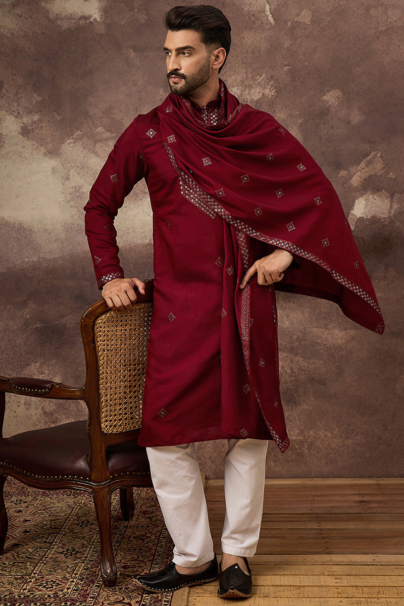 Maroon Silk Blend Embroidered Straight Kurta Trouser with Dupatta MKPD1005