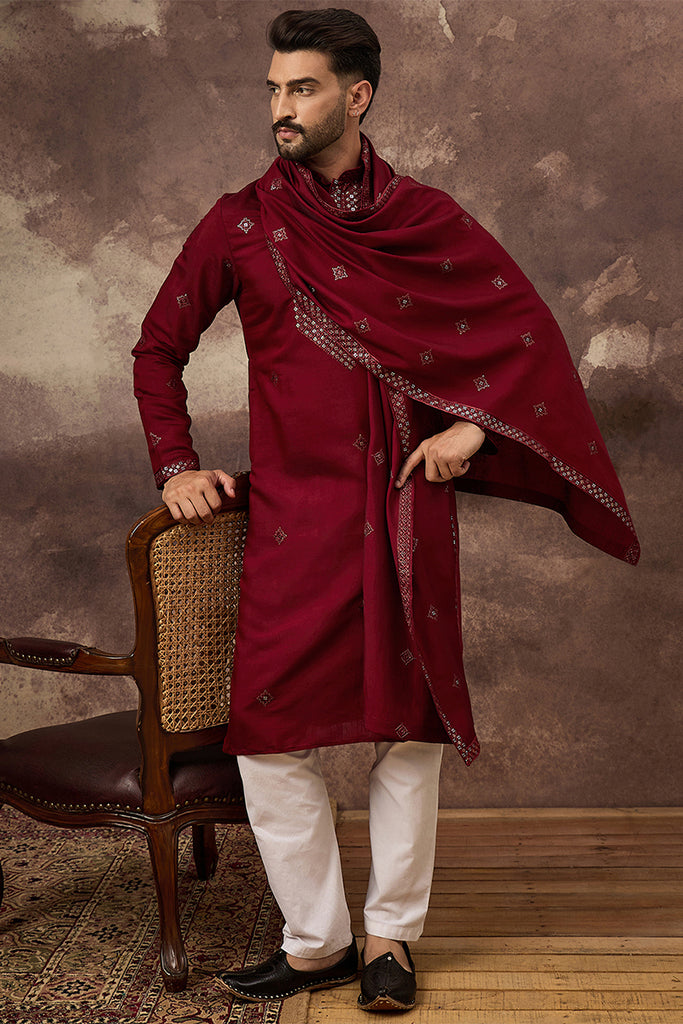 Maroon Silk Blend Solid Embroidered Straight Kurta with Dupatta MKUD1005