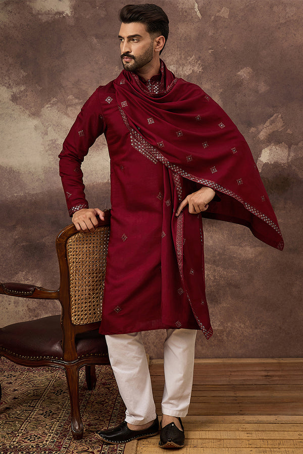 Maroon Silk Blend Solid Embroidered Straight Kurta with Dupatta MKUD1005
