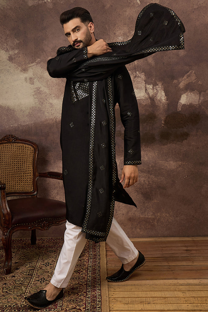 Black Silk Blend Embroidered Straight Kurta Trouser with Dupatta MKPD1006
