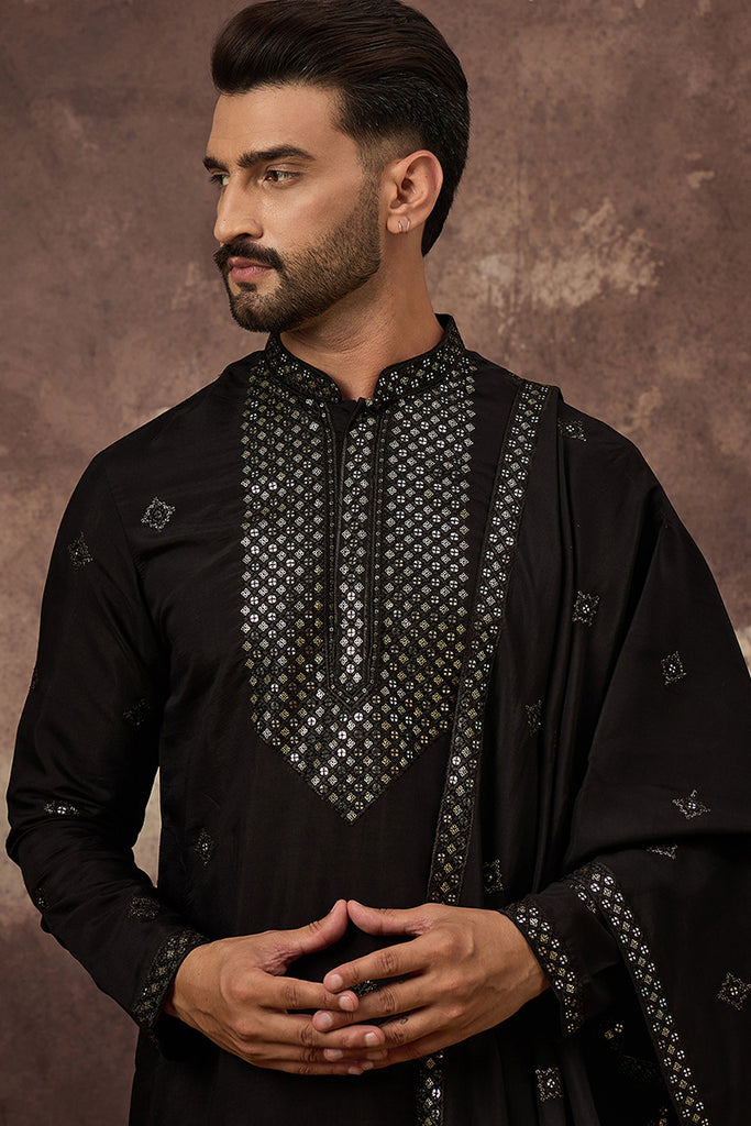 Black Silk Blend Embroidered Straight Kurta Trouser with Dupatta MKPD1006