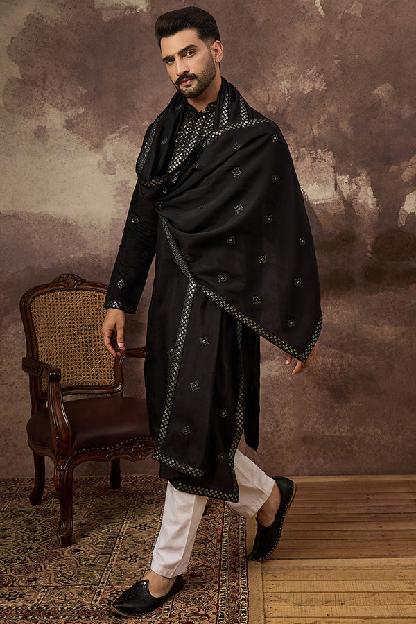 Black Silk Blend Embroidered Straight Kurta Trouser with Dupatta MKPD1006