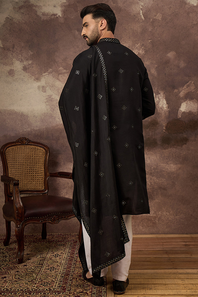 Black Silk Blend Solid Embroidered Straight Kurta with Dupatta MKUD1006