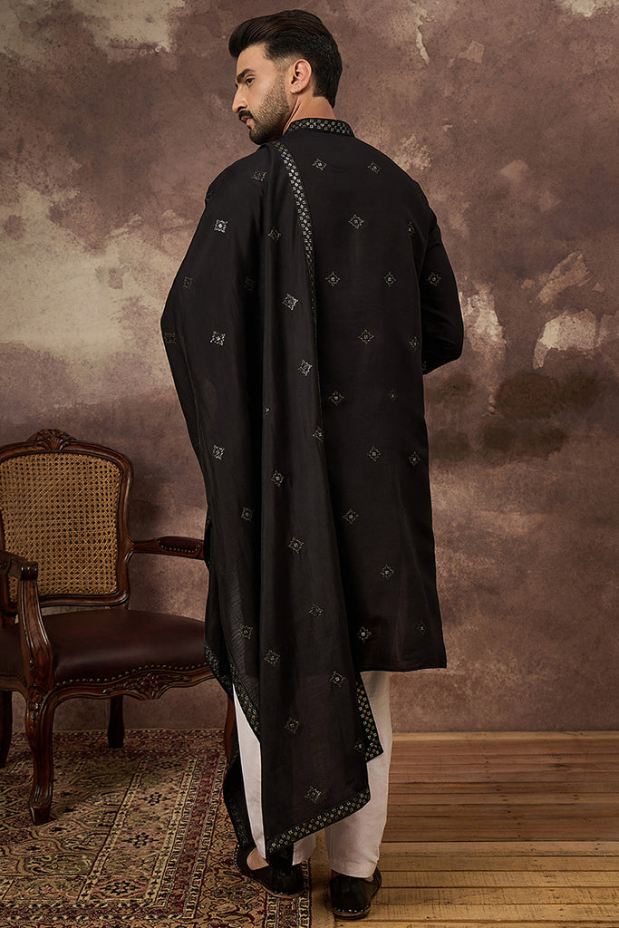 Black Silk Blend Embroidered Straight Kurta Trouser with Dupatta MKPD1006