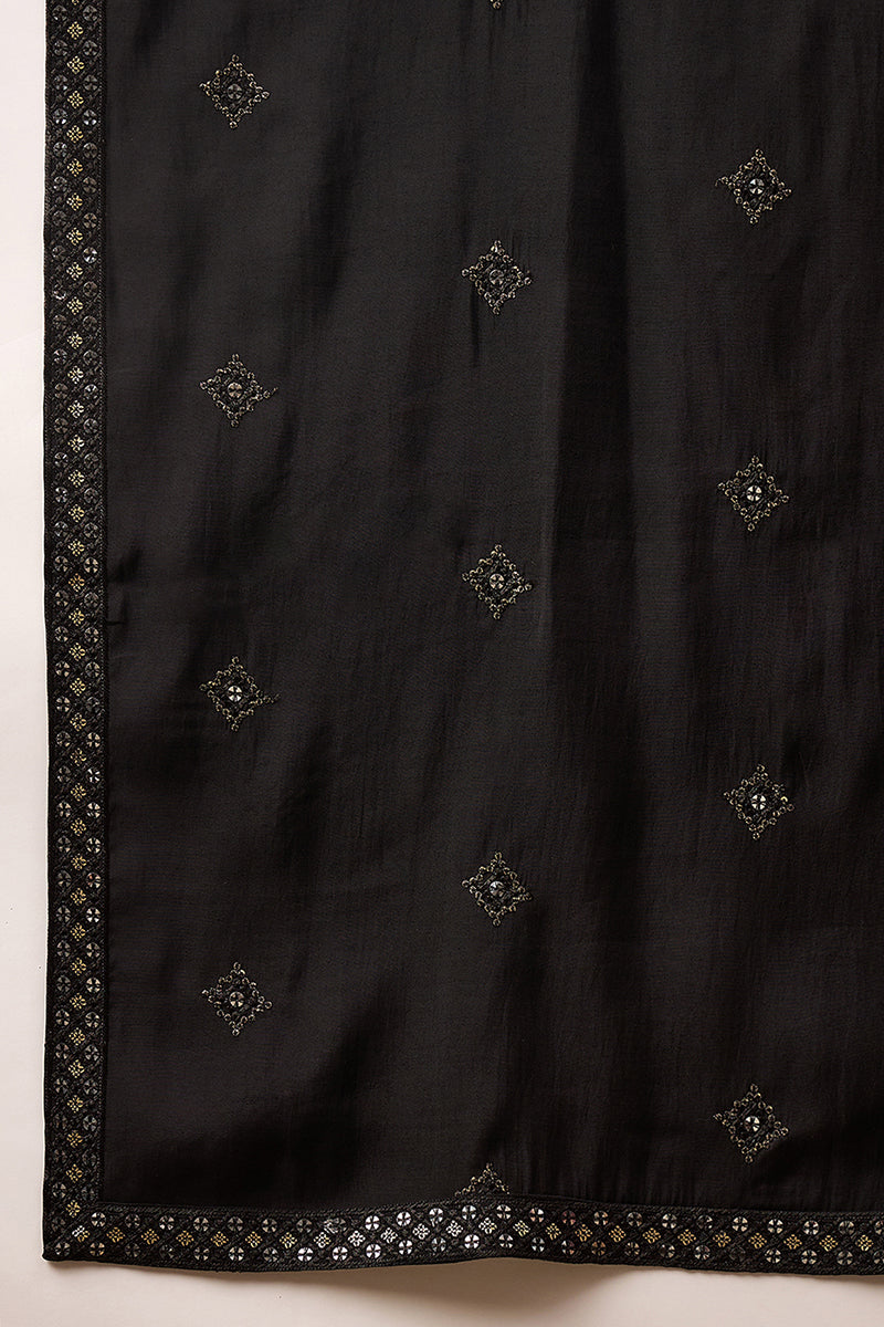 Black Silk Blend Solid Embroidered Straight Kurta with Dupatta MKUD1006