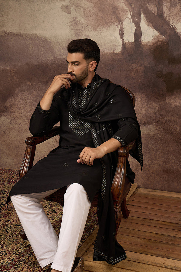 Black Silk Blend Solid Embroidered Straight Kurta with Dupatta MKUD1006