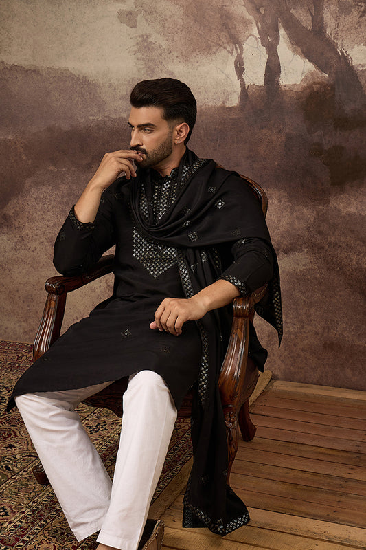 Black Silk Blend Embroidered Straight Kurta Trouser with Dupatta MKPD1006
