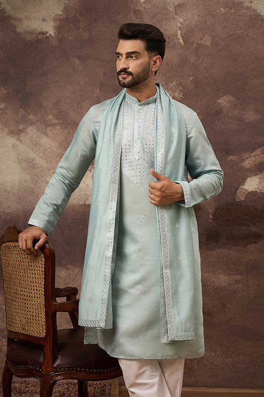 Blue Silk Blend Embroidered Straight Kurta Trouser with Dupatta MKPD1007