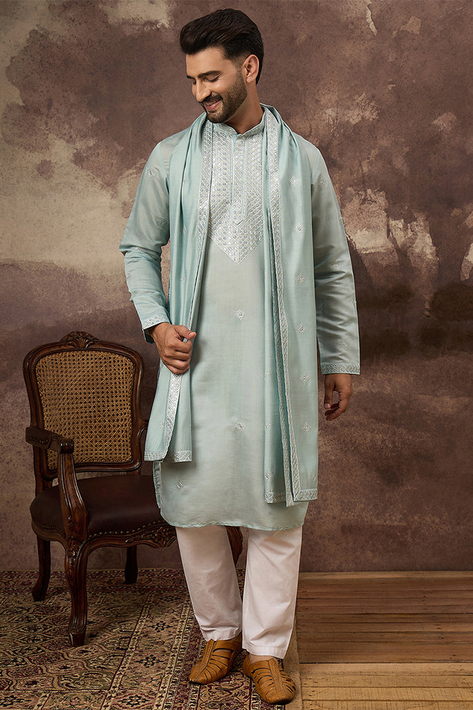Blue Silk Blend Solid Embroidered Straight Kurta with Dupatta MKUD1007