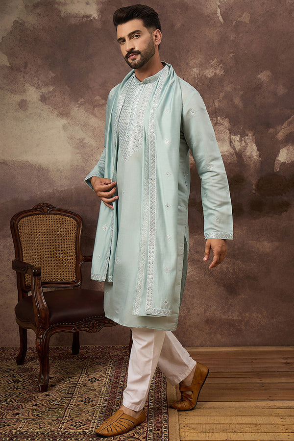 Blue Silk Blend Embroidered Straight Kurta Trouser with Dupatta MKPD1007