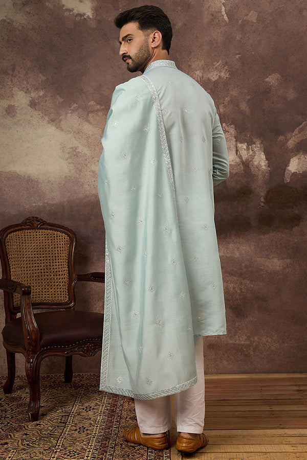 Blue Silk Blend Embroidered Straight Kurta Trouser with Dupatta MKPD1007