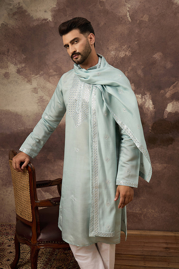 Blue Silk Blend Embroidered Straight Kurta Trouser with Dupatta MKPD1007