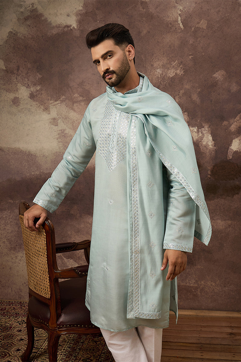 Blue Silk Blend Solid Embroidered Straight Kurta with Dupatta MKUD1007