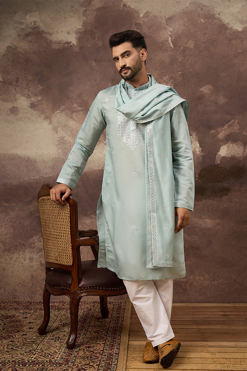 Blue Silk Blend Solid Embroidered Straight Kurta with Dupatta MKUD1007