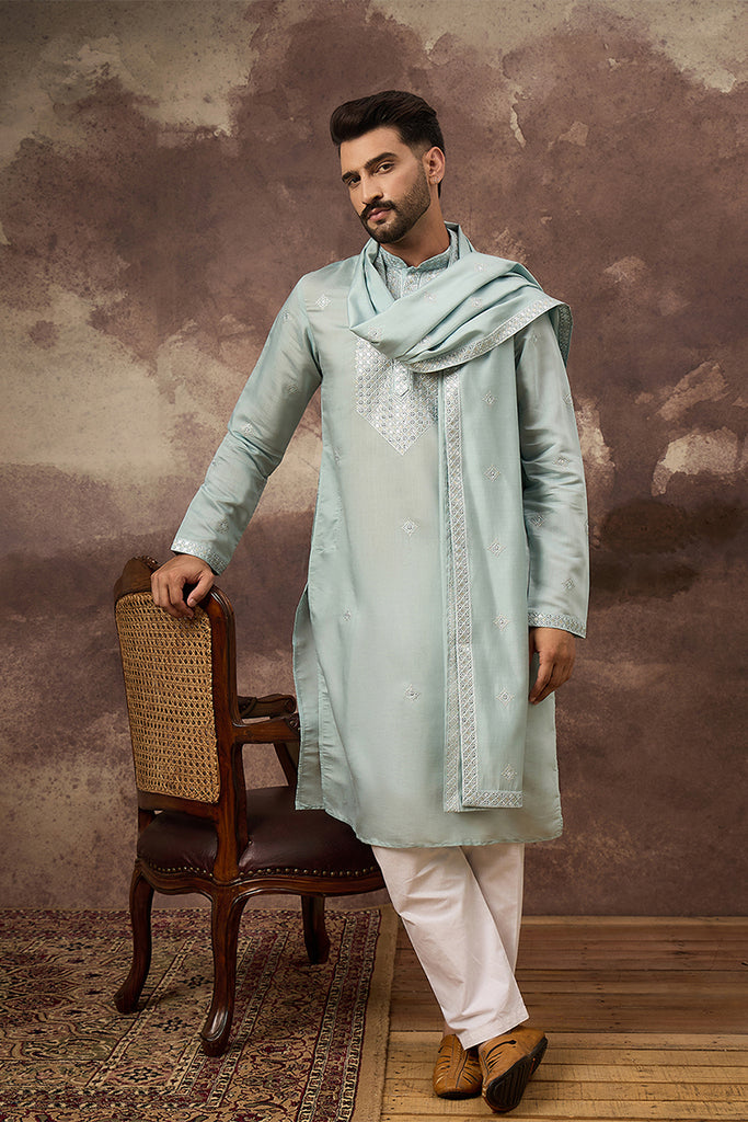 Blue Silk Blend Solid Embroidered Straight Kurta with Dupatta MKUD1007