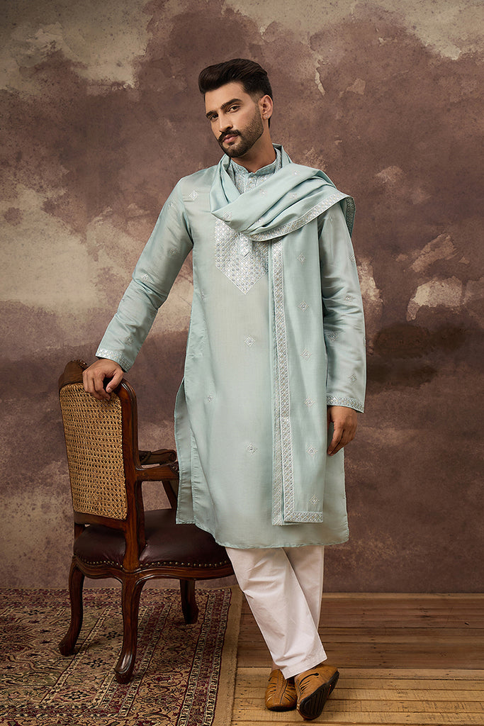Blue Silk Blend Embroidered Straight Kurta Trouser with Dupatta MKPD1007