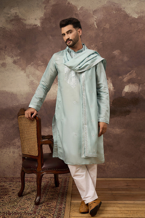 Blue Silk Blend Embroidered Straight Kurta Trouser with Dupatta MKPD1007