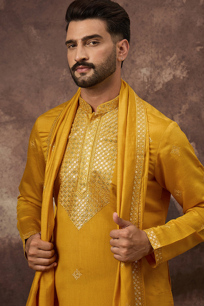 Yellow Silk Blend Embroidered Straight Kurta Trouser with Dupatta MKPD1008